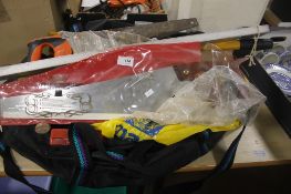 A BAG OF TOOLS TO INCLUDE RAYBONE SPIRIT LEVEL SPEAR AND JACKSON SAW, TROWELS, HAMMERS, CROOK