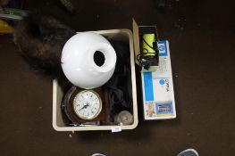 A FOX FUR , A 35M CAMERA, RADIO, A MANTLE CLOCK , TOGETHER WITH A BOX OF TOOLS