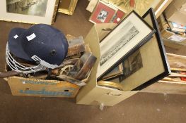 TWO BOXES TO INCLUDE CRICKET HELMET, VINTAGE BLOCK PLANE, COPPER HORN ,SHIRE HORSE WITH CART AND