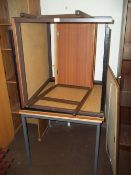 THREE SQUARE FORMICA TOPPED TABLES WITH STEEL FRAME LEGS