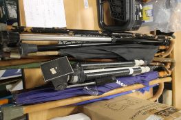 A SELECTION OF WALKING STICKS AND UMBRELLA TOGETHER WITH A SONY TRIPOD STAND
