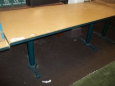 SIX GREEN TWIN PEDESTAL STEEL LEGGED TABLES