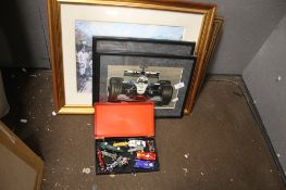 A TIN OF VINTAGE DIE CAST CARS TO INCLUDE CORGI /MATCHBOX TOGETHER WITH THREE MOTORSPORT PICTURES