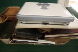 A TRAY CONTAINING SALTER WEIGHING SCALES TOGETHER WITH VINTAGE BOOKS