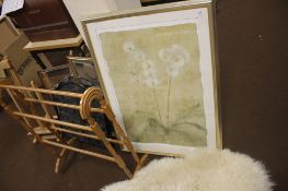 2 MIRRORS, FRAMED PRINTS , METAL FIRE GUARD, ARTISTS EASEL , A SHEEPSKIN RUG AND A TOWEL RAIL