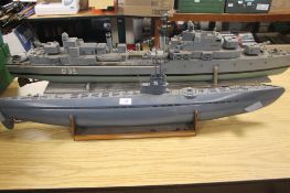 SCRATCH BUILT D35 ROYAL NAVY BATTLESHIPS 127CMS, TOGETHER WITH A MODEL SUBMARINE 106CMS