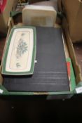 A WEDGWOOD CHINA SANDWICH PLATE, LOOSE STAMPS AND ALBUM
