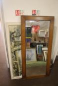 AN OAKED FRAMED BEVEL EDGE OBLONG MIRROR 122 X 56CM TOGETHER WITH A FRAMED WOODLAND PICTURE