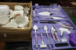 BOX OF CHINA TO INCLUDE CORONATION MUGS TOGETHER WITH A CASED MINIATURE GARDEN SET