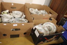 THREE TRAYS OF INDIA TREE CHINA, TUREENS, BOWLS, DINNER PLATES ETC