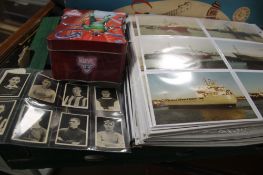 A LARGE COLLECTION OF PHOTOS OF SHIPS, FOOTBALL COLLECTORS CARDS, TIN OF MARVEL CARDS, ETC