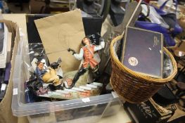 TRAY OF ODDS TO INCLUDE BRASS BELLOWS, COSTUME JEWELLERY, PENS, STAMPS, PLAYING CARDS WITH A