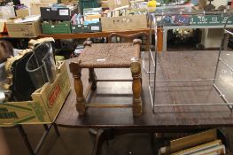 AN RUSH TOP STOOL, BOX OF ODDS, METAL HANGING RACK