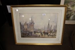 A WATERCOLOUR IN GILT FRAME UNDERGLASS 65 X 52CM S OF A VICTORIAN STREET SCENE
