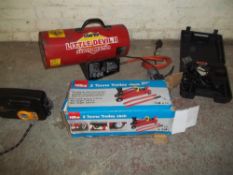 A SELECTION OF TOOLS TO INLCUDE A PROPANE HEATER, A BOXED CAR JACK , AN ELECTRIC WHEEL NUT REMOVAL