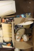 TWO BOXES OF BOOKS TOGETHER WITH A BOX OF BRASS AND CHINA ITEMS
