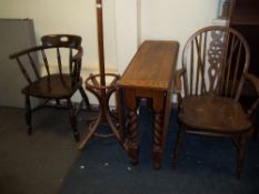 FOUR ITEMS - A SMOKERS BOW CHAIR, A HAT & COAT STAND, A WHEEL BACKED CHAIR AND A BARLEY TWIST DROP
