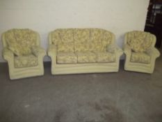 A FABRIC CHENILLE THREE PIECE SUITE