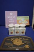A FINEST TEA SHOP WALL PLAQUE, A CHINA TEA/COFFEE/SUGAR SET WITH TWO ADVERTISING SIGNS