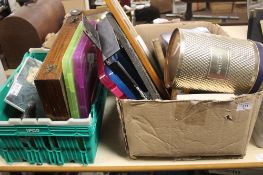 TWO BOXES OF ODDMENTS TO INCLUDE FRAMED COINS, CUTLERY , EGYPT FIGURE, GILES BOOKS ETC