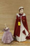 A ROYAL WORCESTER FIGURINE 'THE QUEENS 80TH BIRTHDAY' TOGETHER WITH A SMALL COALPORT FIGURE (2)