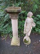 A CONCRETE GARDEN SUNDIAL TOGETHER WITH A SPRING SEASON FEMALE STATUE (2)