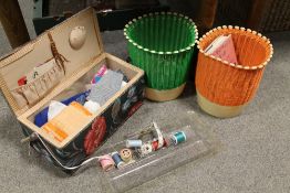 A VINTAGE WOODEN CHEST TOGETHER WITH A WICKER CASED BOTTLE