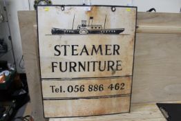 A VINTAGE DOUBLE SIDED SIGN FOR STEAMER FURNITURE