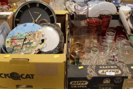 TWO TRAYS OF ASSORTED CERAMICS AND GLASS TO INCLUDE AN OLD TUPTON WARE WALL CLOCK GLASS WARE ETC