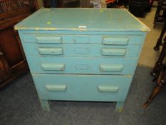 A VINTAGE BLUE PAINTED FOUR DRAWER ARCHITECTS CABINET W-70 CM