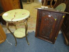 AN ANTIQUE CARVED HANGING CORNER CUPBOARD AND AN ONYX EFFECT TABLE (2)