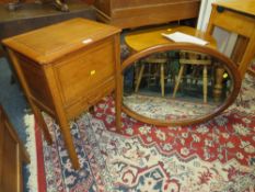 A VINTAGE OAK SEWING/WORK BOX TOGETHER WITH A LARGE OVAL MIRROR