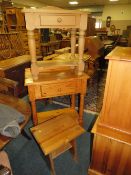 A HONEY PINE SIDE TABLE WITH ANOTHER SMALLER EXAMPLE AND A STOOL (3)