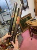 A SET OF THREE VICTORIAN LIGNUM VITAE POLICE TRUNCHEONS - HANDPAINTED WITH ROYAL CREST, CROWN AND