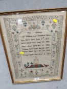 A ANTIQUE SAMPLER CHARTING THE CHILDREN OF WILLIAM AND ELIZABETH BAKER FROM 1810 -1824