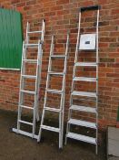 AN ABRU PLATFORM PLUS COMBINATION LADDER WITH A BLACK AND DECKER 3-WAY LADDER AND A MASTERSTEP