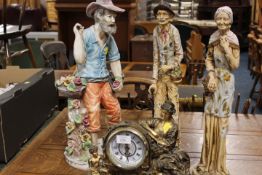 A MODERN FIGURAL MANTLE CLOCK TOGETHER WITH A SELECTION OF CAPODIMONTE FIGURES