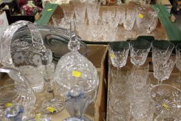 THREE TRAYS OF ASSORTED CUT GLASS ETC TO INCLUDE A BASKET ETC