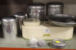 A DECO STYLE VINTAGE HARPER SET OF SCALES AND WEIGHTS TOGETHER WITH STORAGE TINS ETC