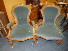 AN ANTIQUE LADIES AND GENTS UPHOLSTERED CHAIRS