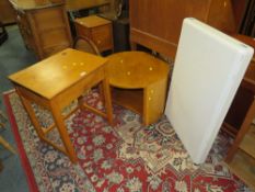 A VINTAGE SCHOOL DESK WITH A FOLDING PLASTIC TABLE AND A CIRCULAR TABLE (3)