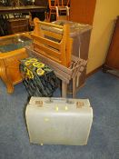 A VINTAGE PACKING TRUNK PLANTER, MAGAZINE RACK, CAST RACK, PLANTER AND SHERWOOD ELECTRIC SEWING