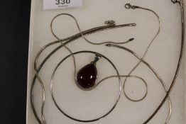 THREE SILVER NECKLACES, SILVER / AMBER TYPE PENDANT TOGETHER WITH A BANGLE