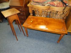 A CARVED COFFEE TABLE AND A OAK JARDINAIRE STAND (2)