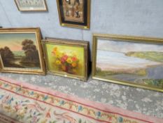 THREE GILT FRAMED OIL ON CANVAS TO INCLUDE A STILL LIFE STUDY