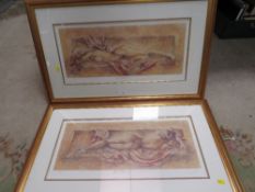 A PAIR OF GILT FRAMED AND GLAZED LIMITED EDITION FEMALE NUDE PRINTS ENTITLED RED RIBBONS 160/600