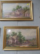 A GILT FRAMED OIL ON BOARD OF TWO PEOPLE RESTING BESIDE A RIVERSIDE PATH TOGETHER WITH TWO OLD