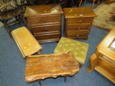 TWO SMALL OAK CHESTS, STOOL, SMALL DROPLEAF TABLE AND LOG EFFECT TABLE (5)