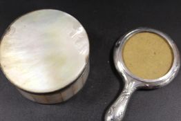 A SMALL HALLMARKED SILVER ANTIQUE MIRROR A/F AND A WHITE METAL & M.O.P. BOX