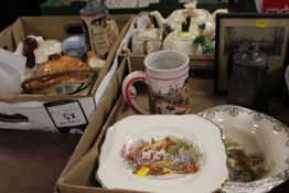 THREE TRAYS OF ASSORTED CERAMICS TO INCLUDE DICK WHITTINGTON TEAPOT ETC